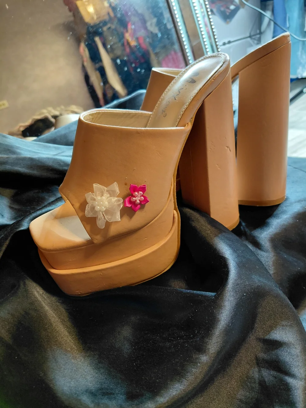 Mixx Shuz Blush Platform Mule Heels with Pink & White Floral Accent